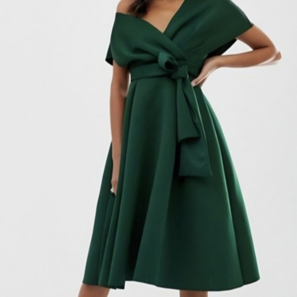 ASOS Emerald Green Off-Shoulder Tie-Waist Midi Dress